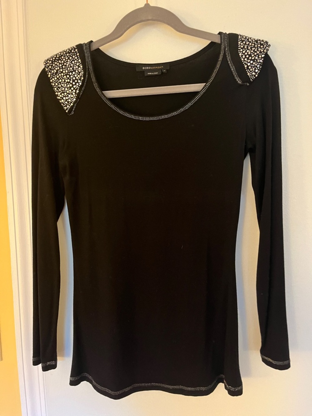 BCBGMaxAzria Black Long-Sleeve Top with Beaded Shoulder Accents